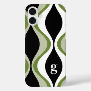 retro groovy pattern - monogram - olive black iPhone 16 plus case