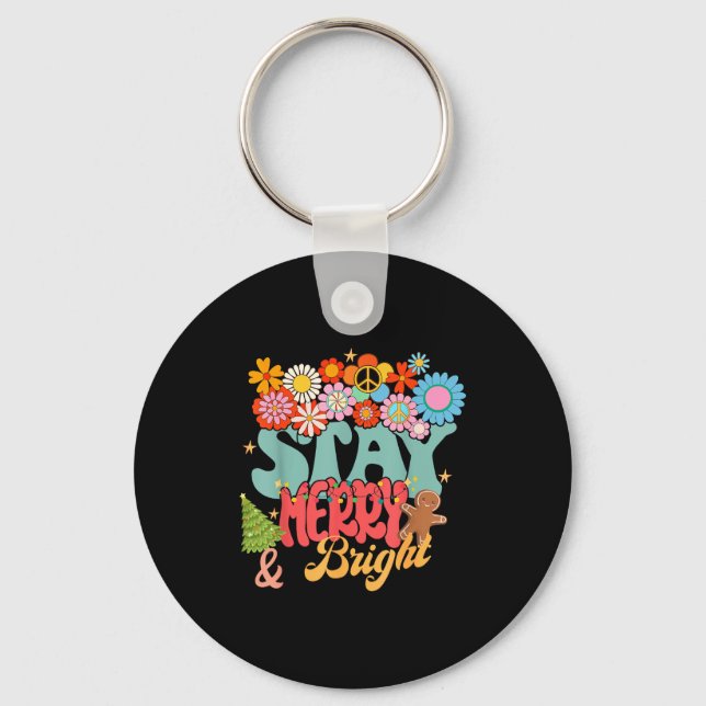 Retro Groovy Peace Stay Christmas Merry Bright Hip Key Ring (Front)