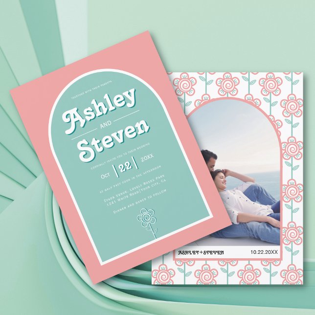 Retro groovy peach and aqua 70s inspired wedding invitation (Creator Uploaded)