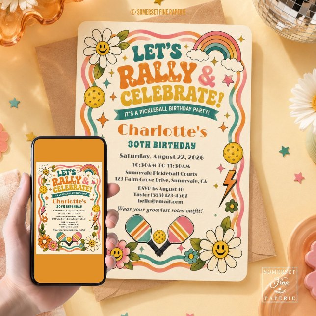 Retro Groovy Pickleball Birthday  Invitation (Creator Uploaded)
