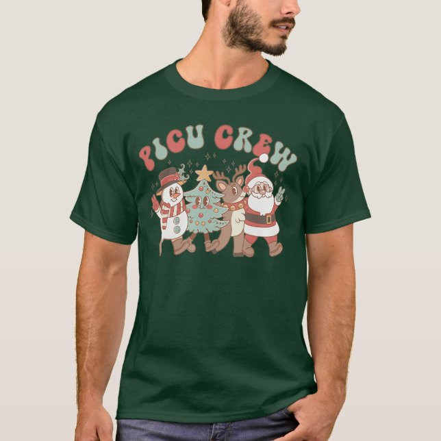 Retro Groovy PICU Nurse Christmasree Snowman Rein  T-Shirt (Front)