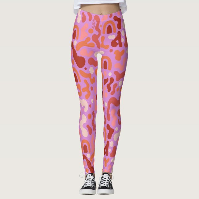 Retro Groovy Pink Abstract Pattern Leggings (Front)