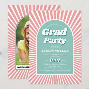 Retro groovy pink and aqua sunrays 70s Graduation Invitation