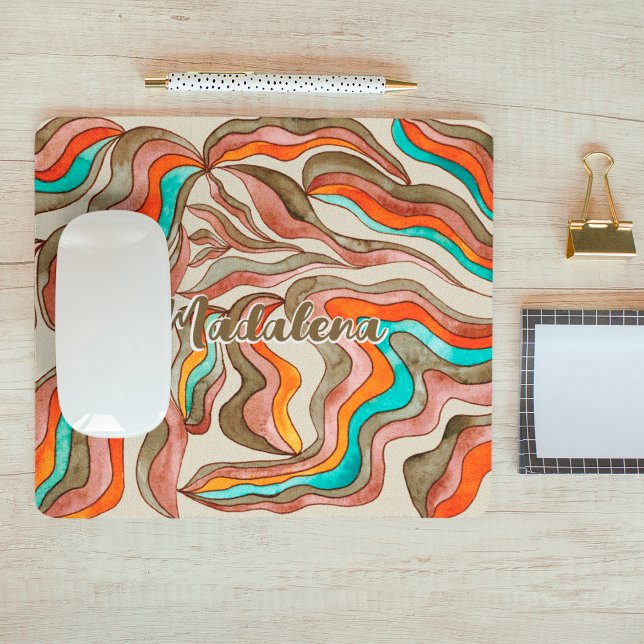 Retro Groovy Pink Burnt Orange Wavy Script Name Mouse Pad (Front)