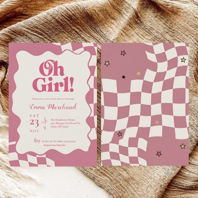 Retro Groovy Pink Checkered Oh Girl Baby Shower Invitation (Creator Uploaded)