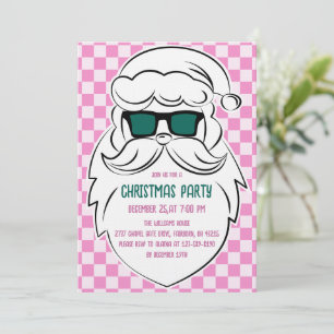 Retro Groovy Pink Checkered Santa Claus Christmas  Invitation