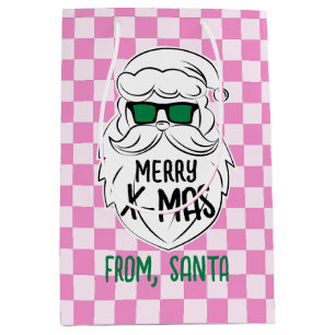 Retro Groovy Pink Checkered Santa Claus Christmas Medium Gift Bag