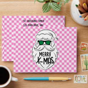 Retro Groovy Pink Chequered Santa Claus Christmas Envelope