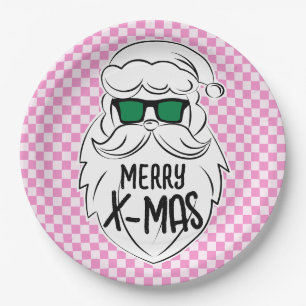 Retro Groovy Pink Chequered Santa Claus Christmas Paper Plate