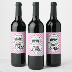 Retro Groovy Pink Chequered Santa Claus Christmas Wine Label