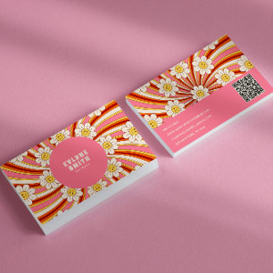 Retro Groovy Pink Colourful QR Code 70s Floral Business Card