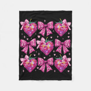 Retro Groovy Pink Coquette Bow Strawberry Valentin Fleece Blanket