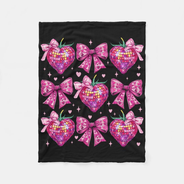 Retro Groovy Pink Coquette Bow Strawberry Valentin Fleece Blanket (Front)