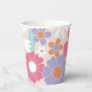 Retro Groovy Pink Floral Paper Plates Cups