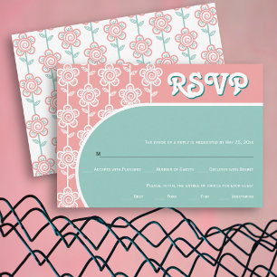 Retro groovy pink-peach and aqua 70s wedding RSVP Card