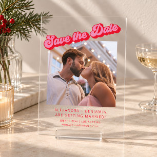 Retro Groovy Pink Red Photo Acrylic Save the Date Invitations