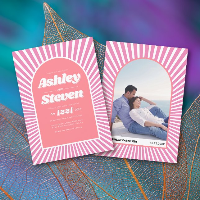Retro groovy pink sunrays 70s inspired wedding invitation (Creator Uploaded)