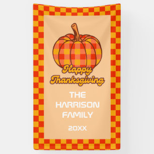 Retro Groovy Plaid Pumpkin Chequered Thanksgiving Banner