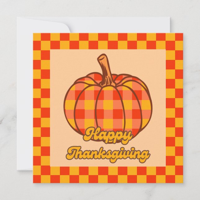 Retro Groovy Plaid Pumpkin Chequered Thanksgiving Card (Front)