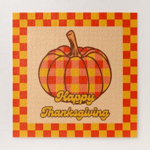 Retro Groovy Plaid Pumpkin Chequered Thanksgiving Jigsaw Puzzle