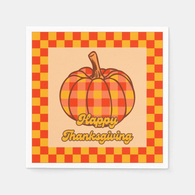 Retro Groovy Plaid Pumpkin Chequered Thanksgiving Napkin (Front)