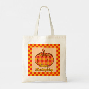 Retro Groovy Plaid Pumpkin Chequered Thanksgiving Tote Bag