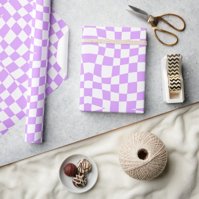 retro groovy purple wavy checkered  wrapping paper (Crafts)