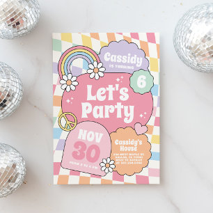 Retro Groovy Rainbow Chequered Girl Birthday Invitation