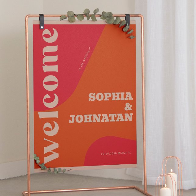 Retro groovy red orange typography welcome wedding poster (Creator Uploaded)