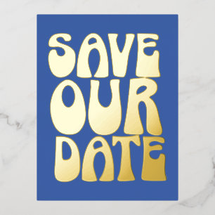 Retro Groovy Save The Date French Blue Gold Foil Invitation Postcard