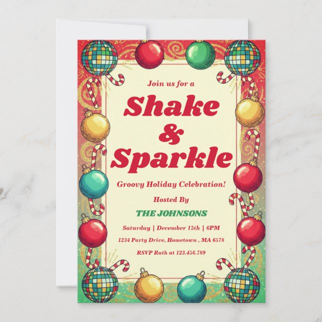 Retro Groovy Shake & Sparkle Holiday Party Invitation (Front)