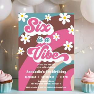 Retro Groovy SIX is a Vibe pink teal girl birthday Invitation