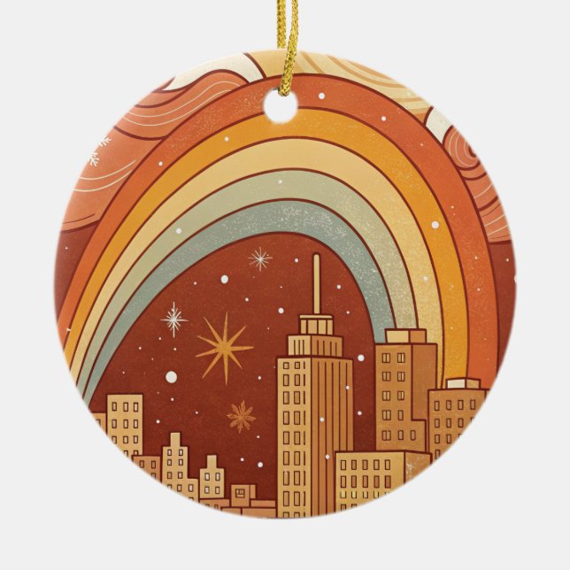 Retro Groovy Skyline Christmas Card Ceramic Tree Decoration (Front)
