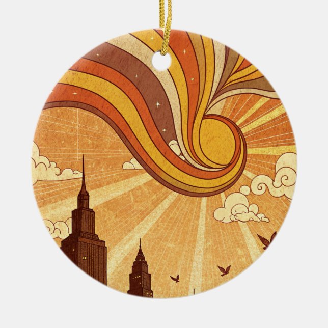 Retro Groovy Skyline Christmas Card Ceramic Tree Decoration (Front)