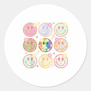 Retro Groovy Smile Face Flower Happy Face Checkere Classic Round Sticker