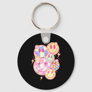 Retro Groovy Smile Face Flower Happy Face Checkere Key Ring