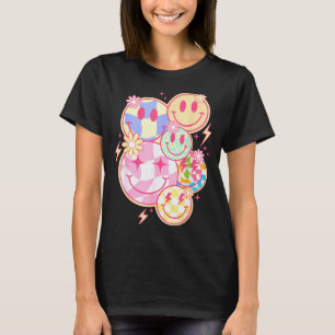 Retro Groovy Smile Face Flower Happy Face Checkere T-Shirt