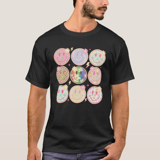 Retro Groovy Smile Face Flower Happy Face Checkere T-Shirt (Front)