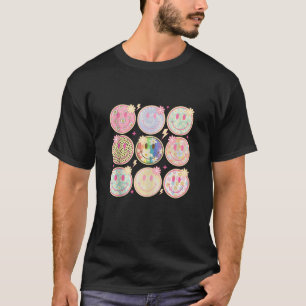 Retro Groovy Smile Face Flower Happy Face Checkere T-Shirt