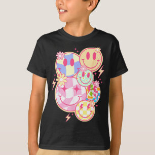 Retro Groovy Smile Face Flower Happy Face Checkere T-Shirt