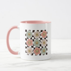 Retro Groovy Smiley Flower Checkerboard Aesthetic Mug