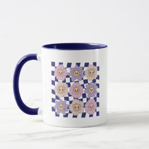 Retro Groovy Smiley Flower Checkerboard Aesthetic Mug
