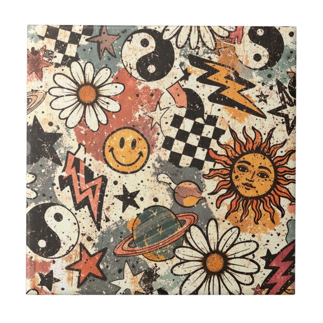 Retro Groovy Smiley Sun Daisy Psychedelic Pattern Tile (Front)