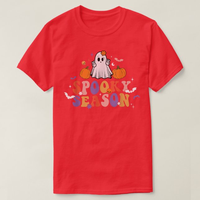 Retro Groovy Spooky Season Floral Ghost Hippie Hal T-Shirt (Design Front)
