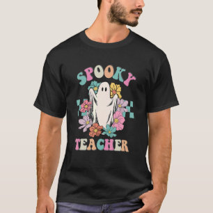 Retro Groovy Spooky Teacher Fall Floral Ghost T-Shirt