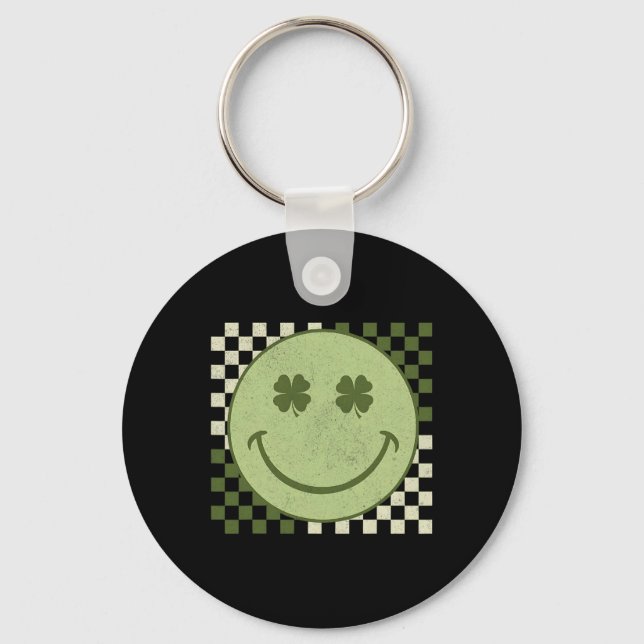 Retro Groovy St Patricks Day Smile Face Shamrock  Key Ring (Front)