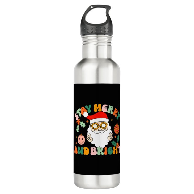 Retro Groovy Stay Merry & Bright Christmas Cute 710 Ml Water Bottle (Front)
