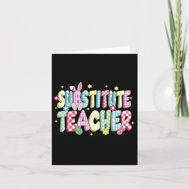 Retro Groovy Substitute Teacher Bunny Ear Easter  Card (Front)
