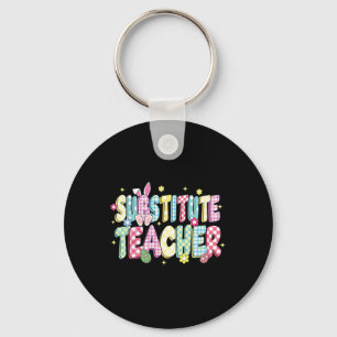 Retro Groovy Substitute Teacher Bunny Ear Easter Key Ring
