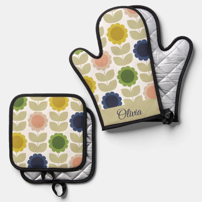 Retro Groovy Summer Flowers Stems Oven Mitt & Pot Holder Set (Front/Back)